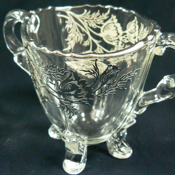 VINTAGE SILVER CITY FLANDERS FLOWERS CLEAR GLASS FOOTED SUGAR BOWL & CREAMER SET - Picture 3 of 10